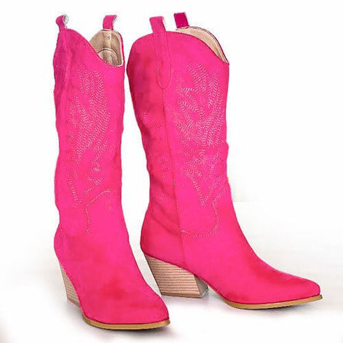 מגף בוקרים רקום ורוד פוקסיה - מגפיים מז'אמש קטיפתי עם רקמה בלבן - MIKAI