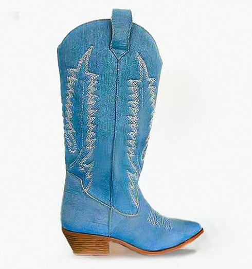 מגף ג'ינס תכלת - מגפי בוקרים רקומות בגוון ג'ינס תכלת - MIKAI