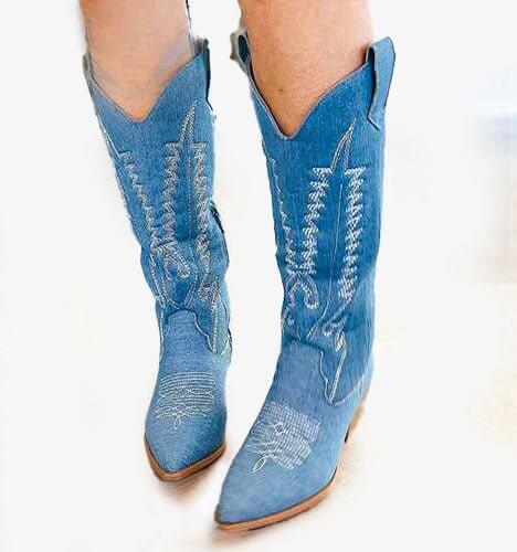 מגף ג'ינס תכלת - מגפי בוקרים רקומות בגוון ג'ינס תכלת - MIKAI