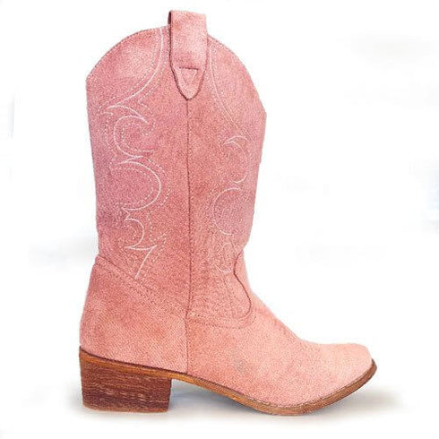 מגפי ז'אמש בצבע ורוד - חצי מגף רקום עם סוליית עור ועקב נמוך - MIKAI