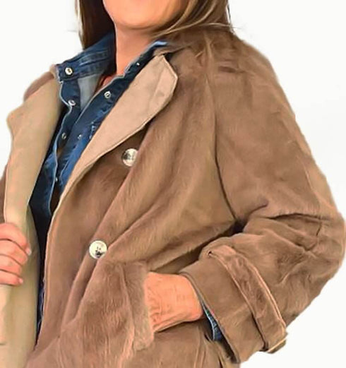 'מעיל פרווה ארוך בגוון בז - MIKAI