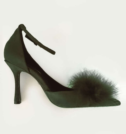 נעלי פונפון ירוק כהה - נעלי עקב אופנתיות עם פונפון פרווה ועקב אלגנט - MIKAI