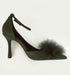 נעלי פונפון ירוק כהה - נעלי עקב אופנתיות עם פונפון פרווה ועקב אלגנט - MIKAI
