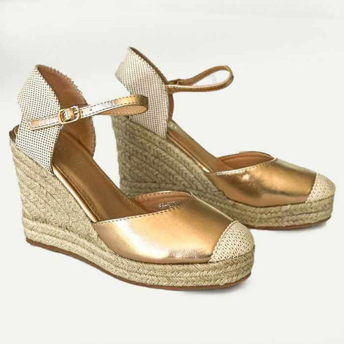 סנדל אספדריל עור מוזהב - סנדלים גבוהים משולבים עור מוזהב ואספדריל - MIKAI