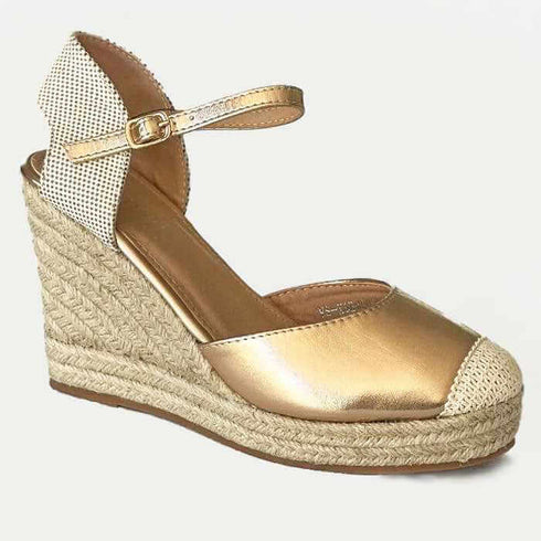 סנדל אספדריל עור מוזהב - סנדלים גבוהים משולבים עור מוזהב ואספדריל - MIKAI