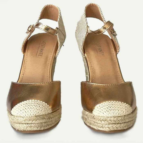 סנדל אספדריל עור מוזהב - סנדלים גבוהים משולבים עור מוזהב ואספדריל - MIKAI
