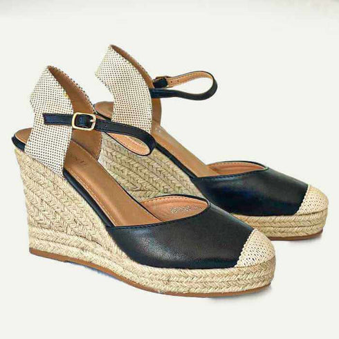 סנדל אספדריל עור שחור - סנדלים גבוהים משולבים עור שחור ואספדריל - MIKAI