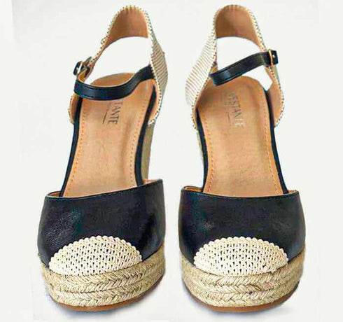 סנדל אספדריל עור שחור - סנדלים גבוהים משולבים עור שחור ואספדריל - MIKAI