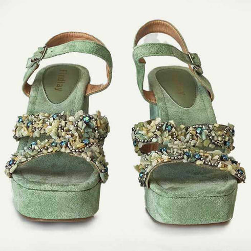 סנדל רצועות אבנים ירקרק - סנדלי פלטפורמה מצופות ז'אמש עם רצועות אבנים צבעוניות - MIKAI