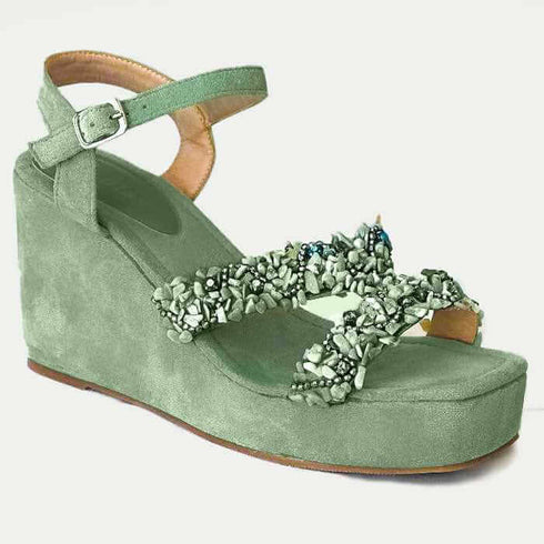 סנדל רצועות אבנים ירקרק - סנדלי פלטפורמה מצופות ז'אמש עם רצועות אבנים צבעוניות - MIKAI