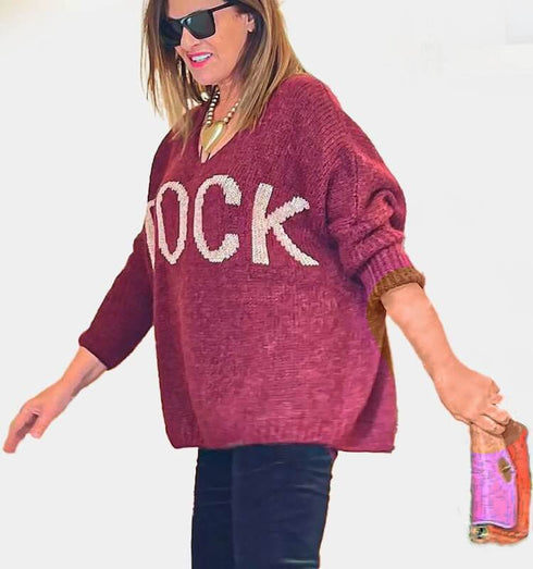 סריג וי בורדו עם הדפס רוק - MIKAI