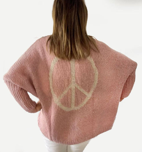 סריג וי ורוד עם הדפס פיס בגב - MIKAI