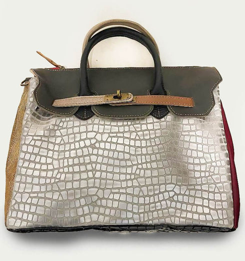 תיק עור כסף\חום - תיק מעצבים מעור איטלקי מובחר בשלל צבעים עם רצועה לכתף - MIKAI