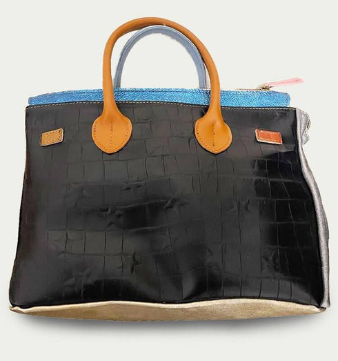 תיק עור תכלת כסוף\חום - תיק מעצבים מעור איטלקי מובחר בשלל צבעים עם רצועה לכתף - MIKAI