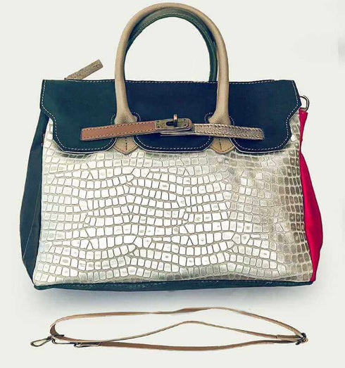 תיק עור כחול\כסף - תיק מעצבים מעור איטלקי מובחר בשלל צבעים עם רצועה לכתף - MIKAI