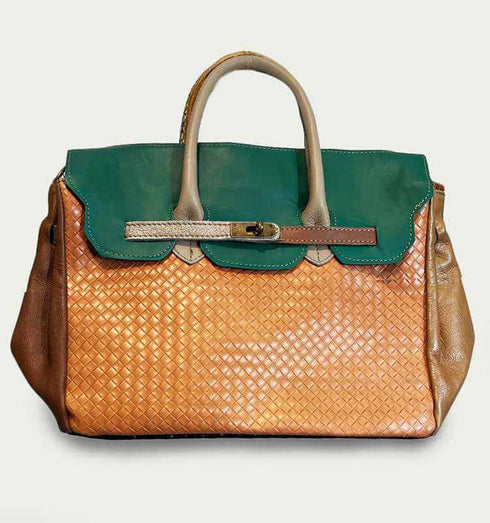 תיק עור חום קאמל/ירוק - תיק מעצבים מעור איטלקי מובחר בשלל צבעים עם רצועה לכתף - MIKAI