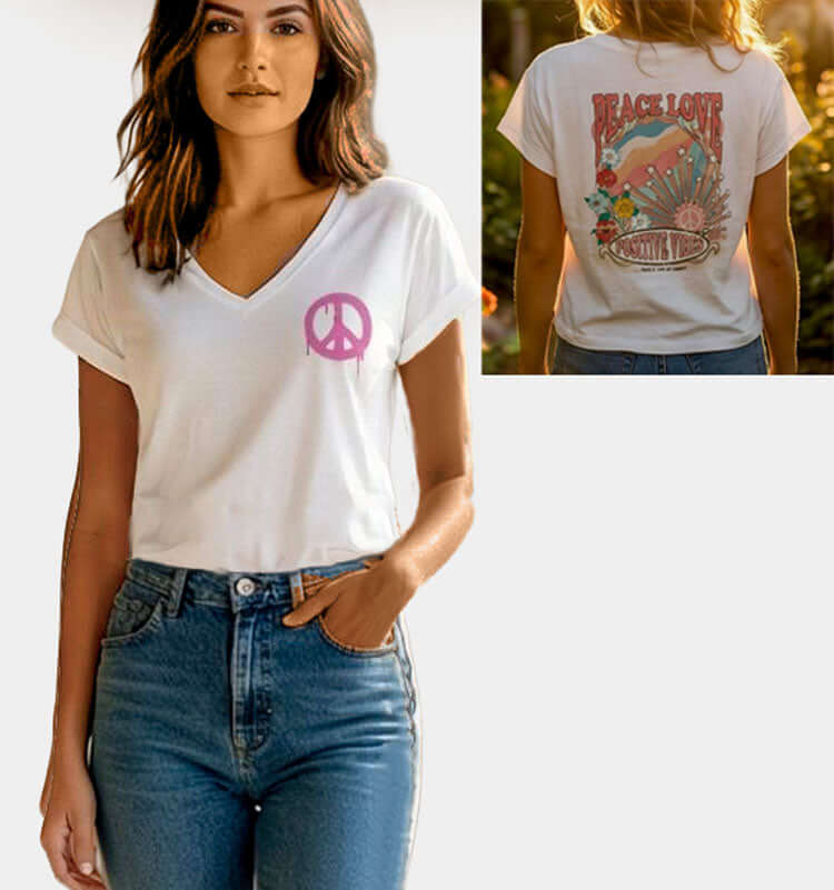 טישרט כותנה לבנה צווארון וי עם הדפס פיס סגול מלפנים ומאחור.