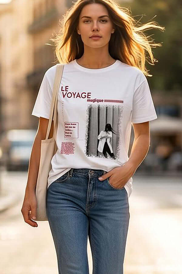 טישרט כותנה לבנה עם הדפס תמונה וכיתוב אדום, צווארון וי רחב, לוק אופנתי ומיוחד.