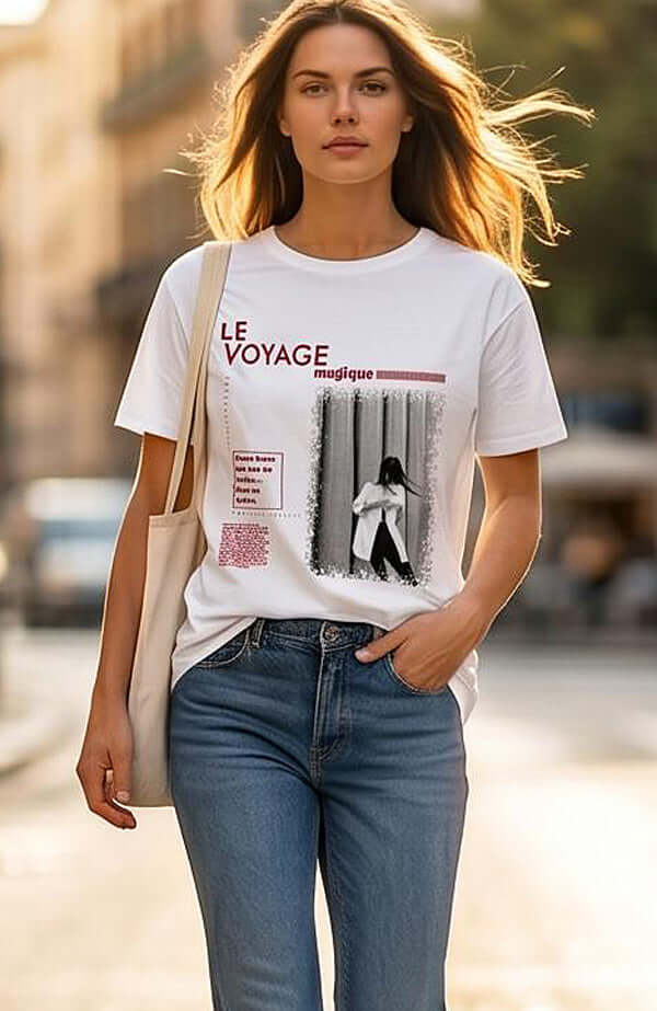 טישרט כותנה לבנה עם הדפס תמונה וכיתוב אדום, צווארון וי רחב, לוק אופנתי ומיוחד.